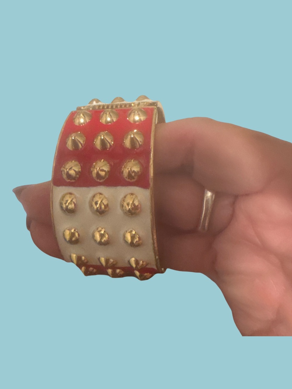 Studded Red and White Bangle Bracelet - Gold Accents